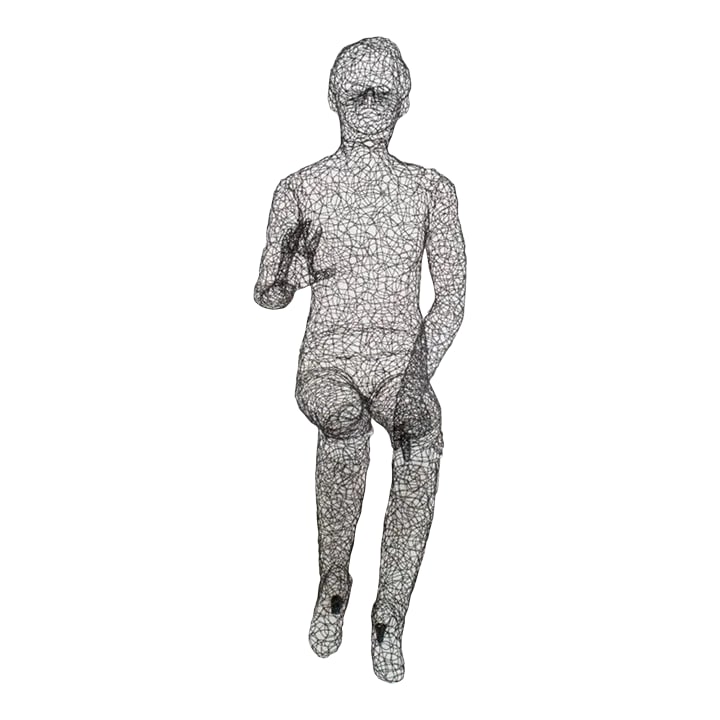 Contemporary Wire Sculpture of Life-Size Female Figure in the Style of Antony Gormley: Fascinating and eye-catching life-size sculpture of twisted wire. In the style of Antony Gormley. Seated female figure with right hand raised. Condition: Alterations: Original Condition Unaltered