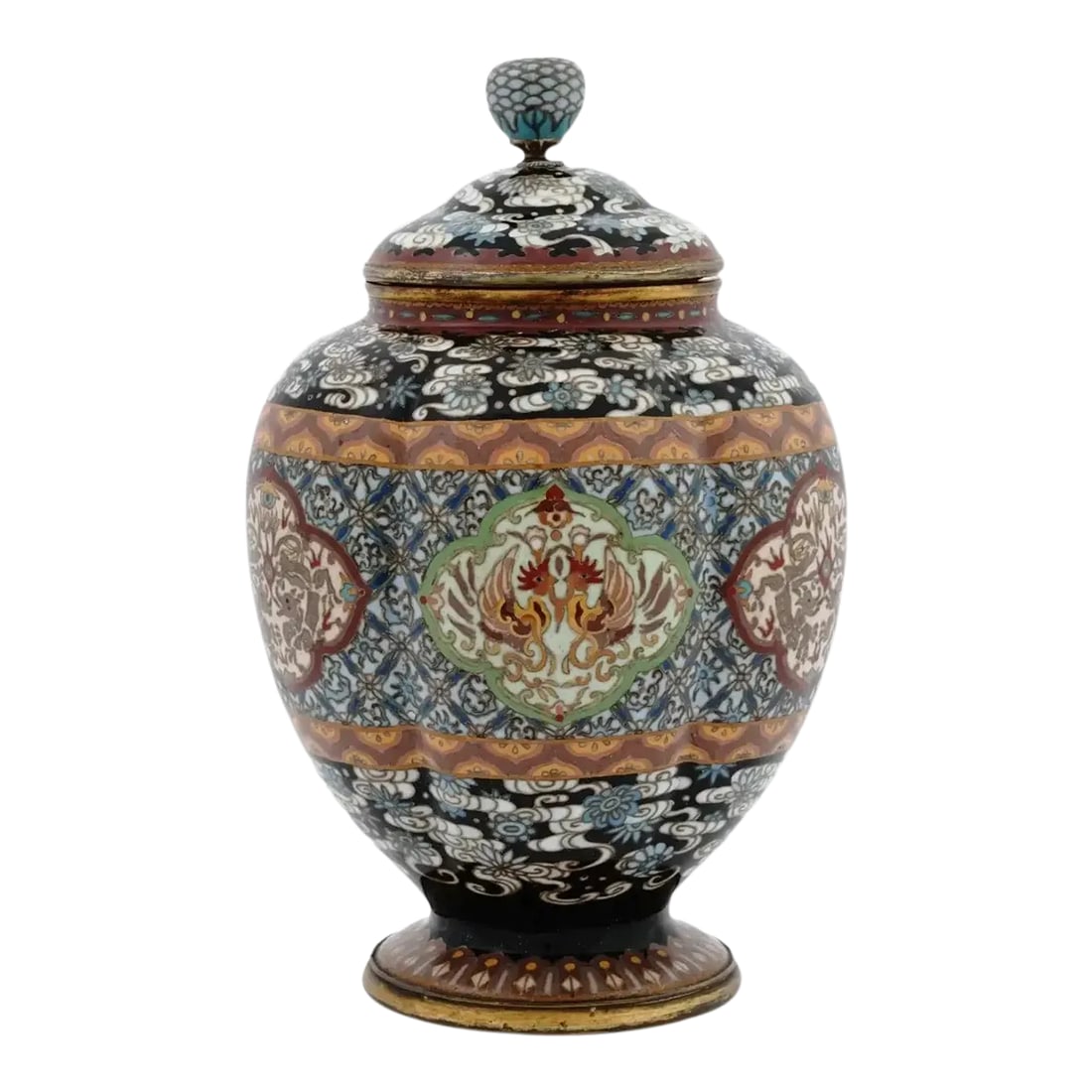 Antique Japanese Cloisonne Enamel Lidded Koro Jar: An antique Japanese cloisonne enamel lidded koro jar from the Meiji period standing on a foot and featuring traditional ornamentations to the center with two outer rims and stylized motifs on dark