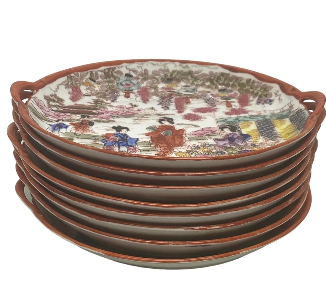 Vintage Chinoiserie Ceramic Handpainted Luncheon Hors D'Oeuvres Plates - Set of 8 - 9