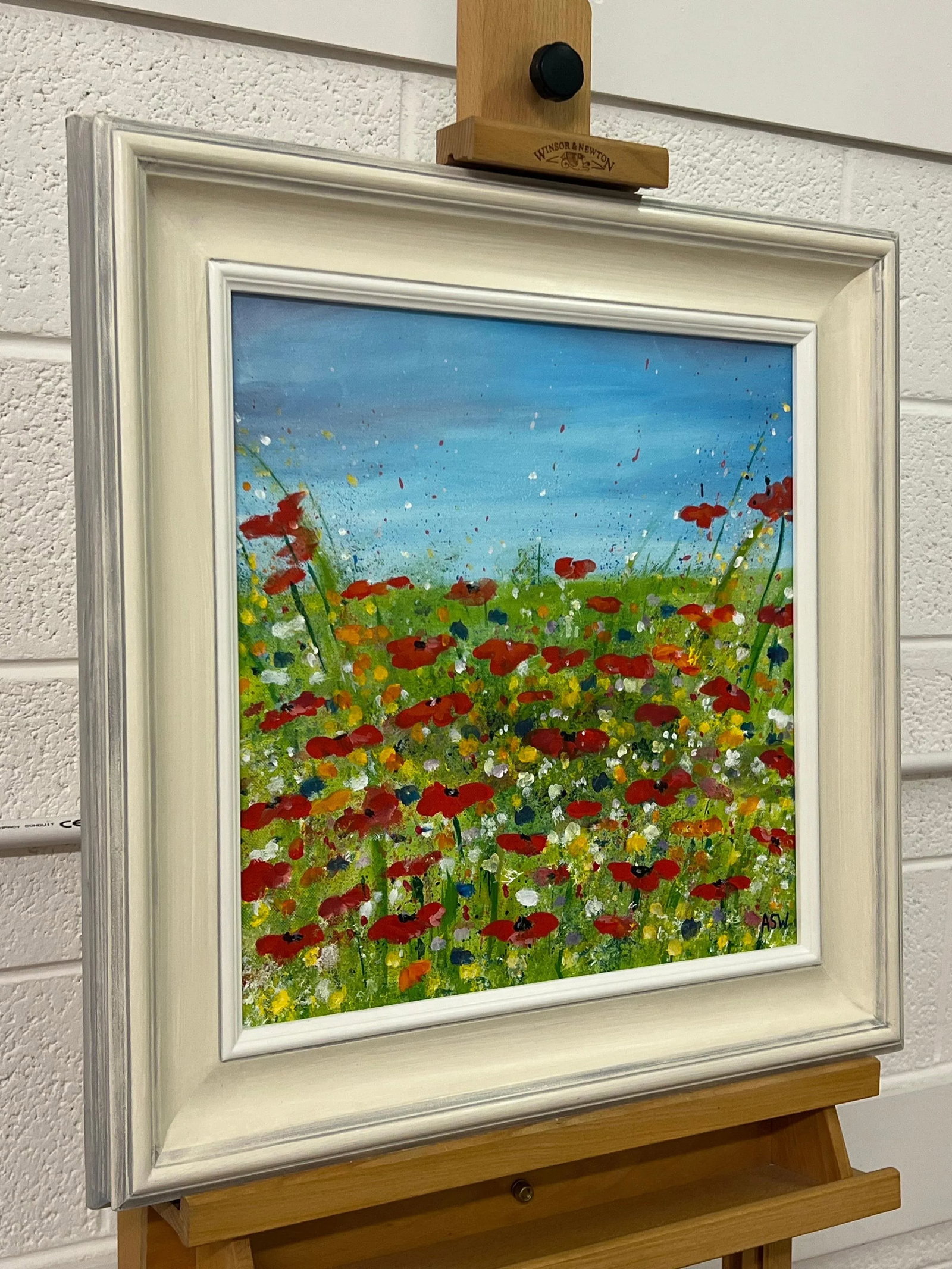 Angela Wakefield Red Poppy Flowers in a Wild Green Meadow with a Blue Sky by Contemporary Artist, 20 - 2
