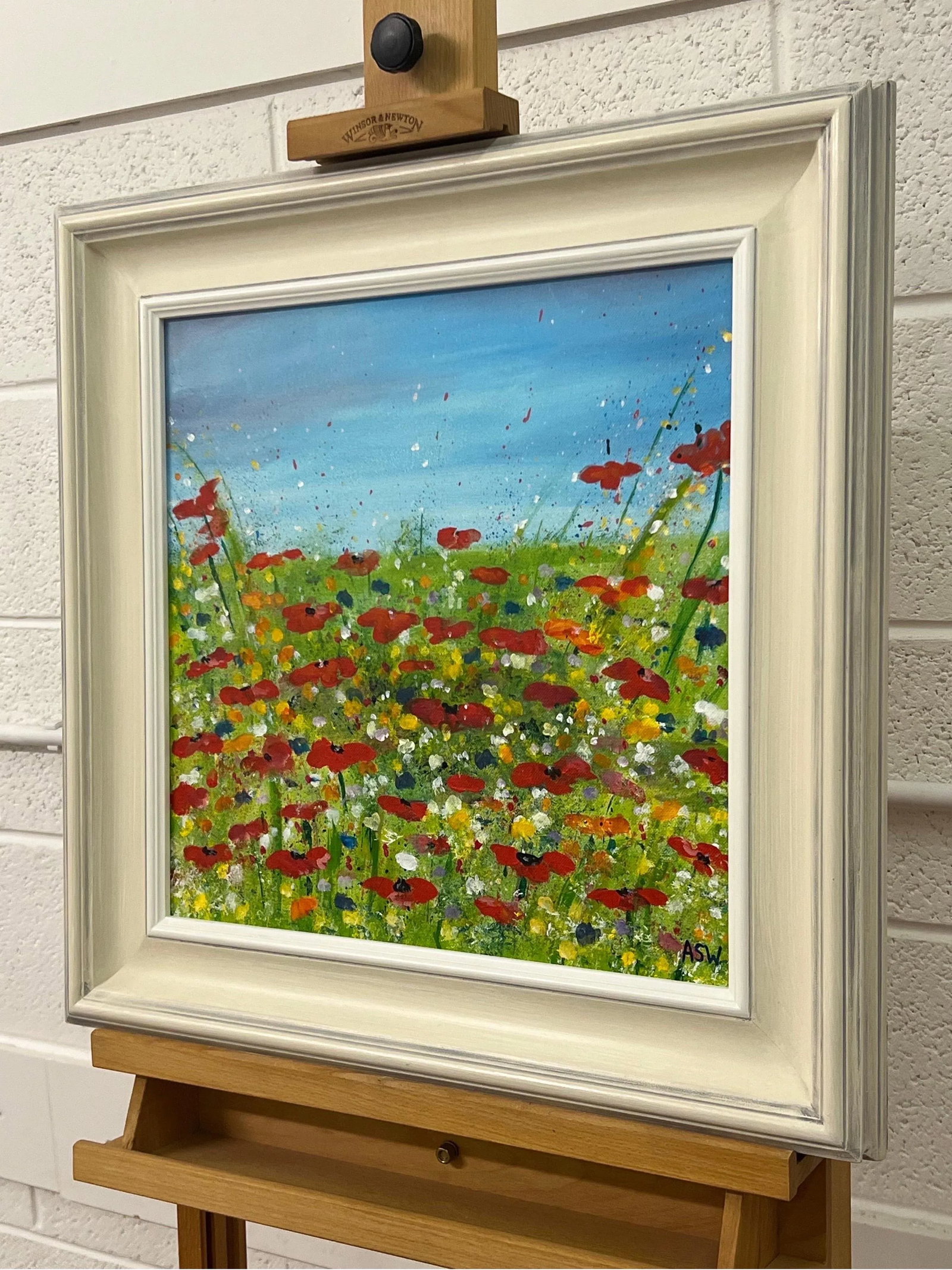 Angela Wakefield Red Poppy Flowers in a Wild Green Meadow with a Blue Sky by Contemporary Artist, 20 - 4