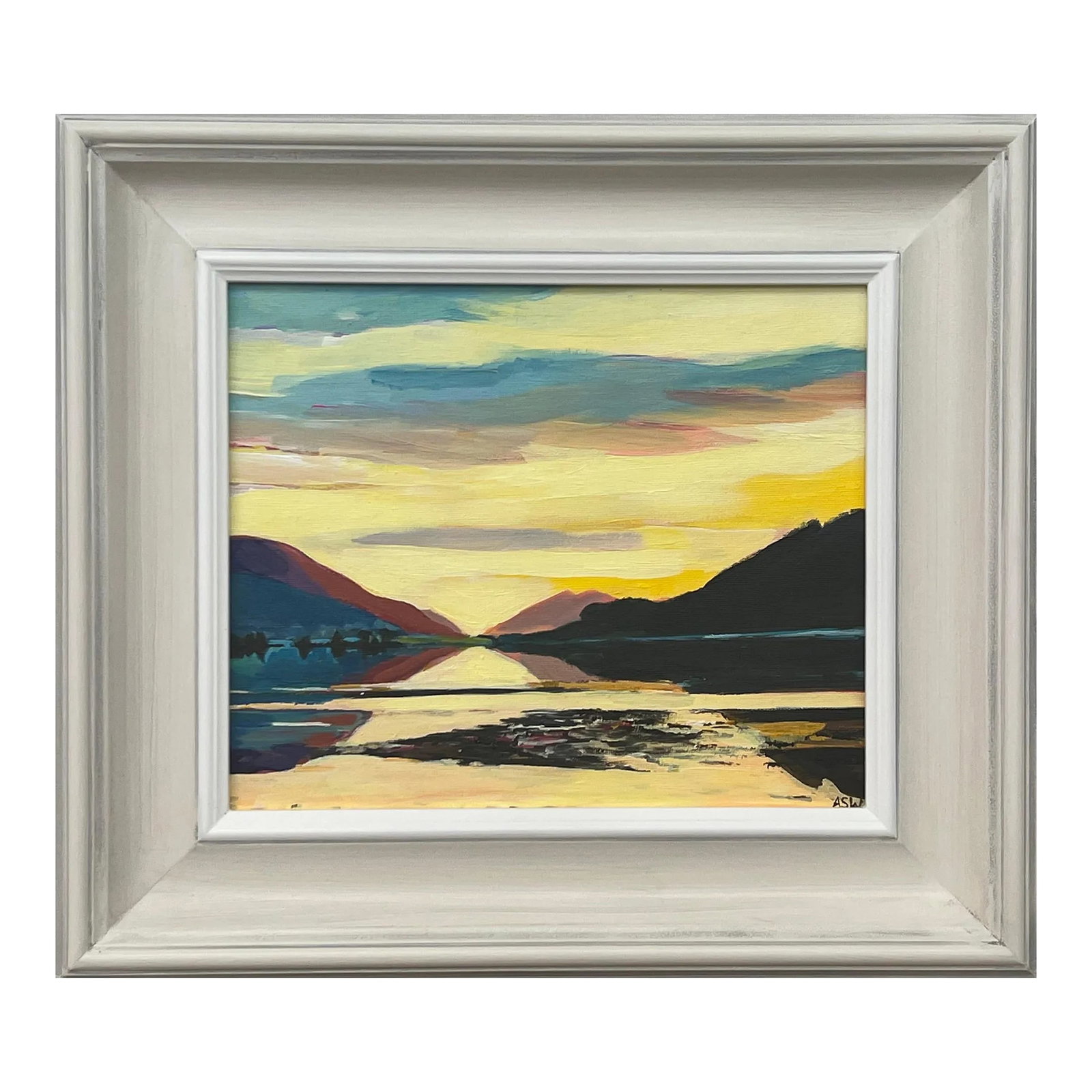 Golden Yellow Landscape Painting of the Scottish Highlands by Contemporary British Artist: Colourful Landscape Painting of Loch Leven, Glen Coe in the Scottish Highlands by Leading Contemporary British Artist, Angela Wakefield. Art measures 12 x 10 inches Frame measures 18 x 16 inches Angel