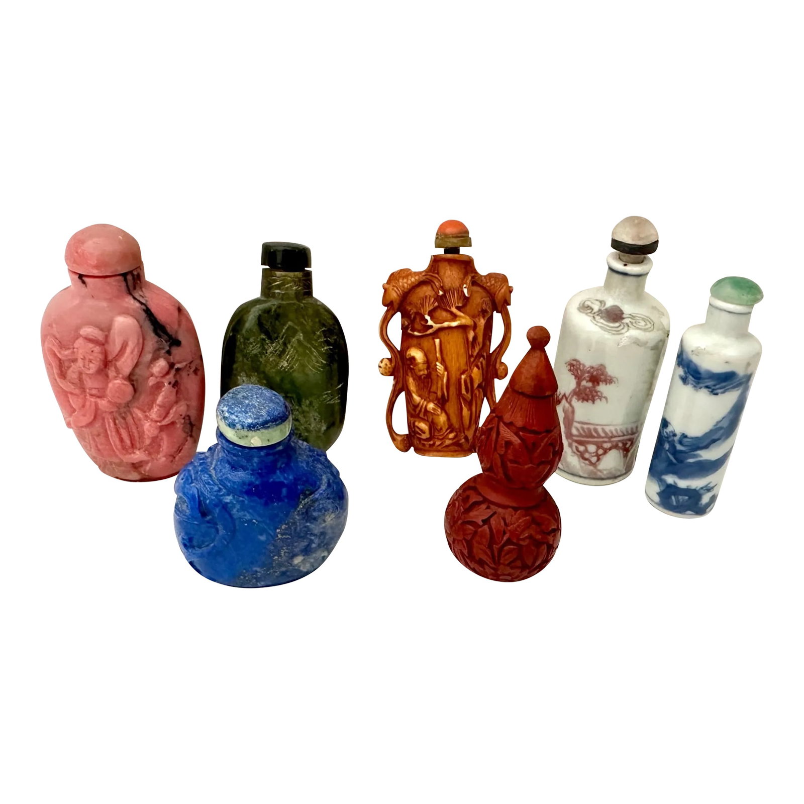 Antique Hand Carved Chinese Snuff Bottles Set of 5: Antique set of 5 Chinese snuff bottles. From pink rhodonite to jade, blue lis la puli and ivory or wood type. Collection from Estate in Indian Wells ca. Lots of asian antiques from this Estate. They