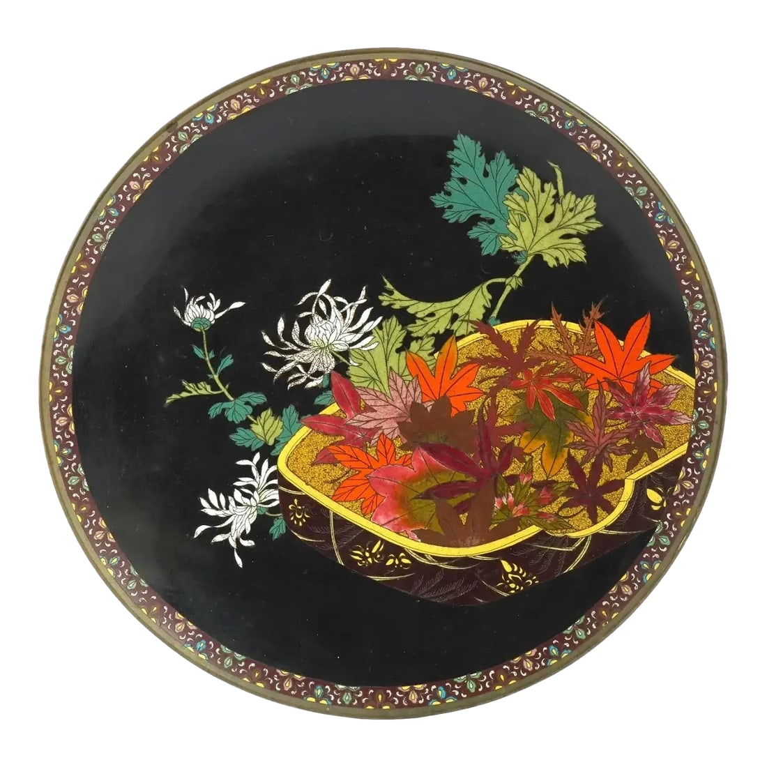 Late 19th Century Meiji Japanese Cloisonne Enamel Plate Autumn Leaves Chrysanthemum Flowers: A high quality antique Japanese, late Meiji era, enamel plate. The interior of the plate is adorned with a polychrome enamel image of a case with autumn leaves and Chrusantemum flowers on the black