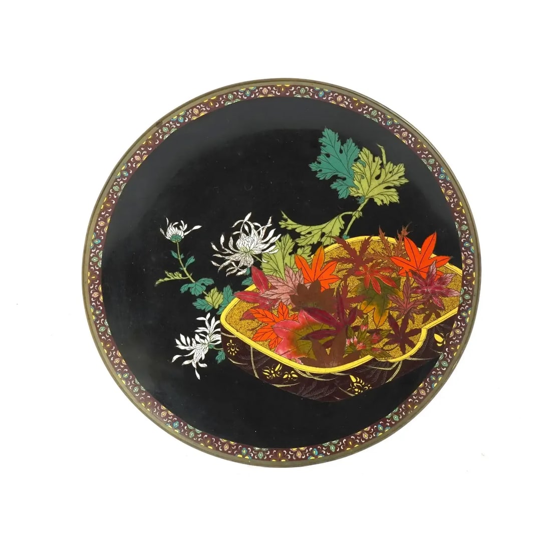 Late 19th Century Meiji Japanese Cloisonne Enamel Plate Autumn Leaves Chrysanthemum Flowers - 4
