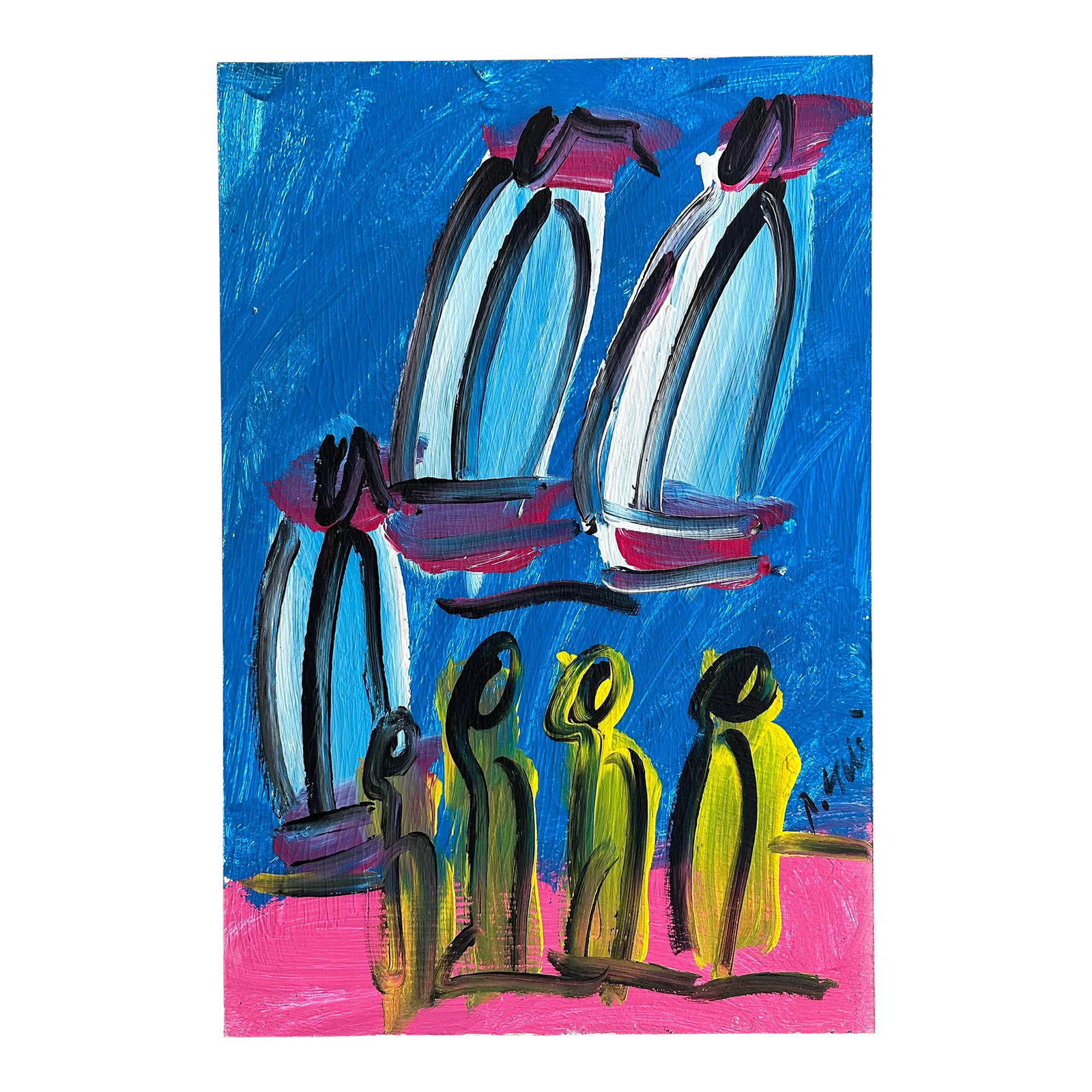 Original Peter Keil Sailboats Painting: Peter Keil is a German artist that focuses primarily on abstract expressionism. Keil painted with some of the greats including Joan Miró, Pablo Picasso and Andy Warhol, to name a few. This is a