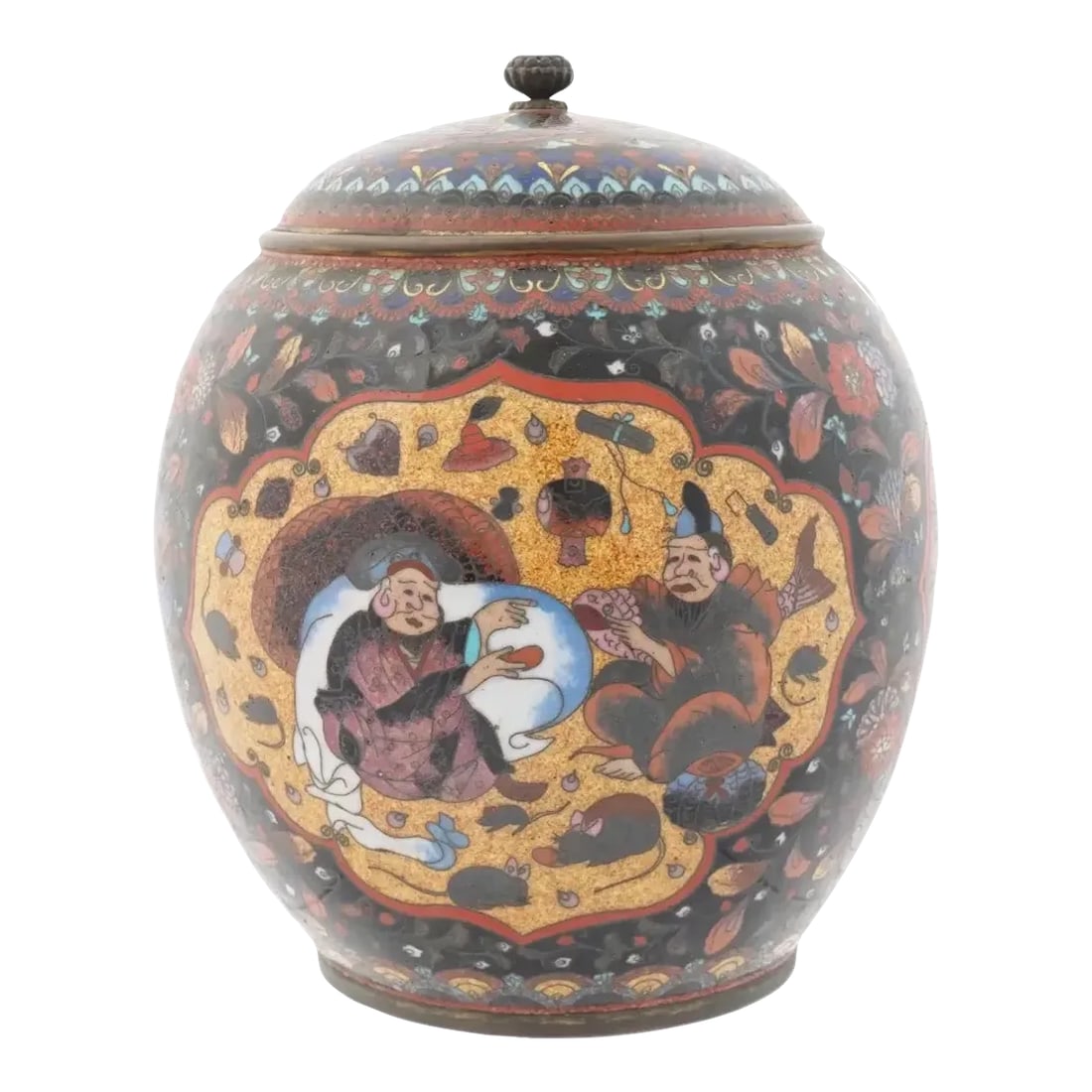 Large Late 19th Century Japanese Meiji Lidded Cloisonne Enamel Jar: A large antique Japanese Meiji Era lidded brass and enamel jar. Circa: late 19th century to early 20th century. The sphere form jar is enameled with a polychrome medallion scene with two male figures