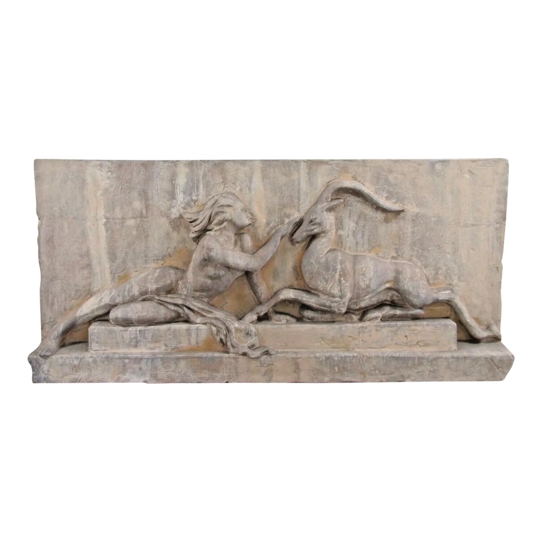 1990s The Casey Collection Large Sculpted Wall Art Woman With Gazelle: The Casey Collection Large Sculpted Wall Art Woman with Gazelle 49" x 4" x 23" Beautiful art deco design. Measures 49" long, 4" wide and 23" tall. Condition: Alterations: Original Condition Unaltered
