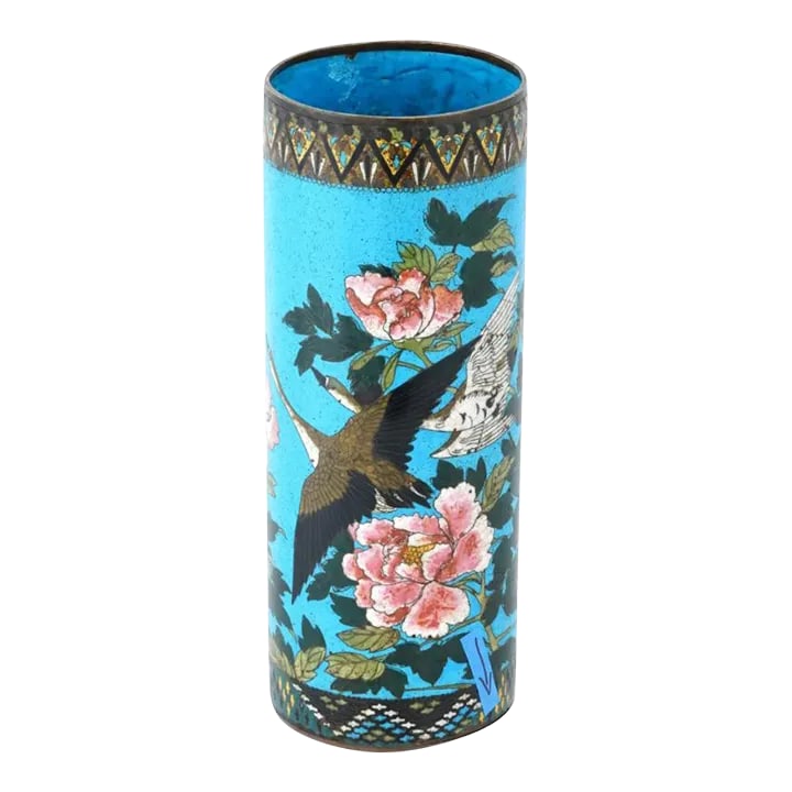 Large Antique Meiji Japanese Cloisonne Enamel Brush Pot Vase: A large antique Japanese late Meiji Era cylindrical shaped enamel over copper brush pot. Circa: late 19th century. The cylindrical form pot is enameled with a polychrome image of geese in blossoming
