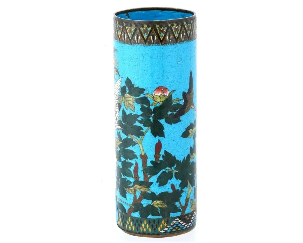Large Antique Meiji Japanese Cloisonne Enamel Brush Pot Vase - 3