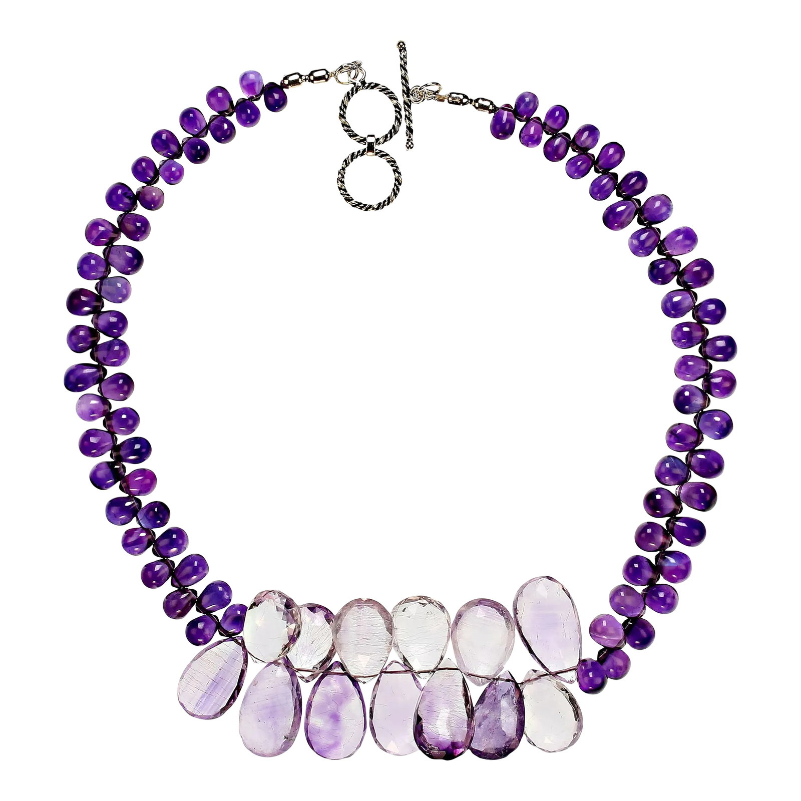 Amethyst Necklace: This is part of Chairish's Fine Jewelry assortment. Stunning 17-Inch Amethyst Necklace with Moss Amethyst Briolettes Elevate your jewelry collection with this 17-inch unique and exquisite Amethyst Nec