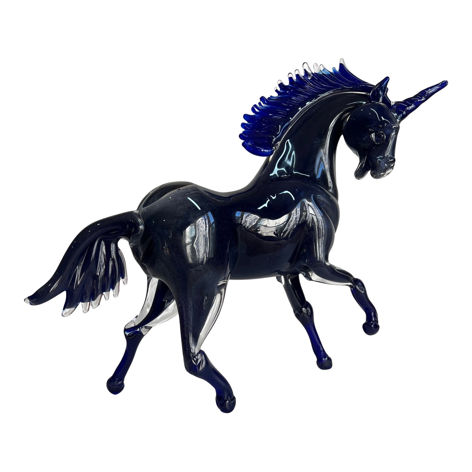 Vintage Murano Cobalt Art Glass Sculpture Unicorn Horse Signed Guiman 1/1: This commanding one-of-a-kind sculpture, handblown in Murano by the distinguished glass artisan Marco Guiman, captures the mythical spirit of the unicorn in luminous cobalt glass. Measuring over 12 in