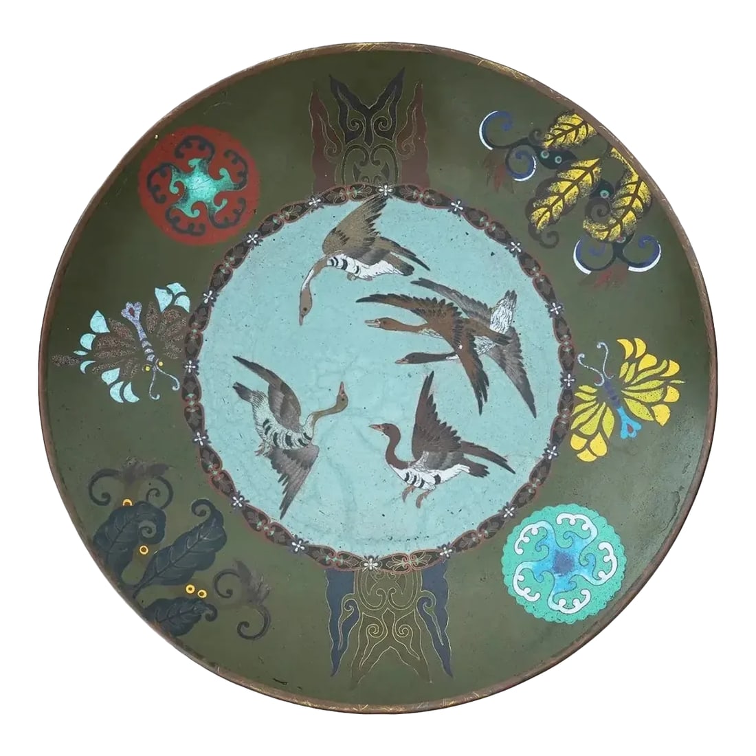 Antique Japanese Cloisonne Flying Geese Enamel Plate Goto School: An antique Japanese late Meiji era decorative enamel over copper plate or charger. The interior of the plate is adorned with a polychrome design of flying geese surrounded by floral rondels and