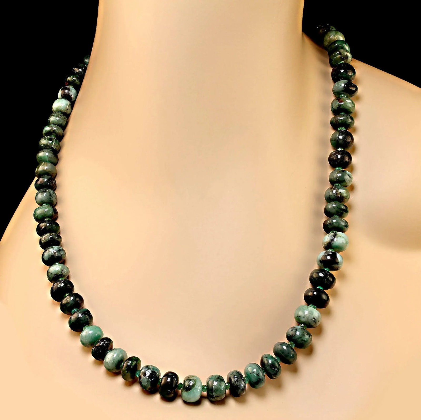 Graduated Rich Green Emerald Matrix Rondelle Necklace - 2