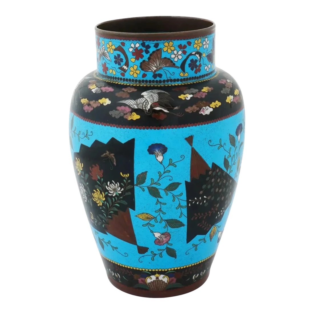 Large Antique Japanese Cloisonne Enamel Fan Motif Vase: A large antique Japanese Meiji era enamel over copper vase. The urn shaped vase is enameled with polychrome fan shaped medallions featuring floral, foliage and butterfly motifs surrounded by floral