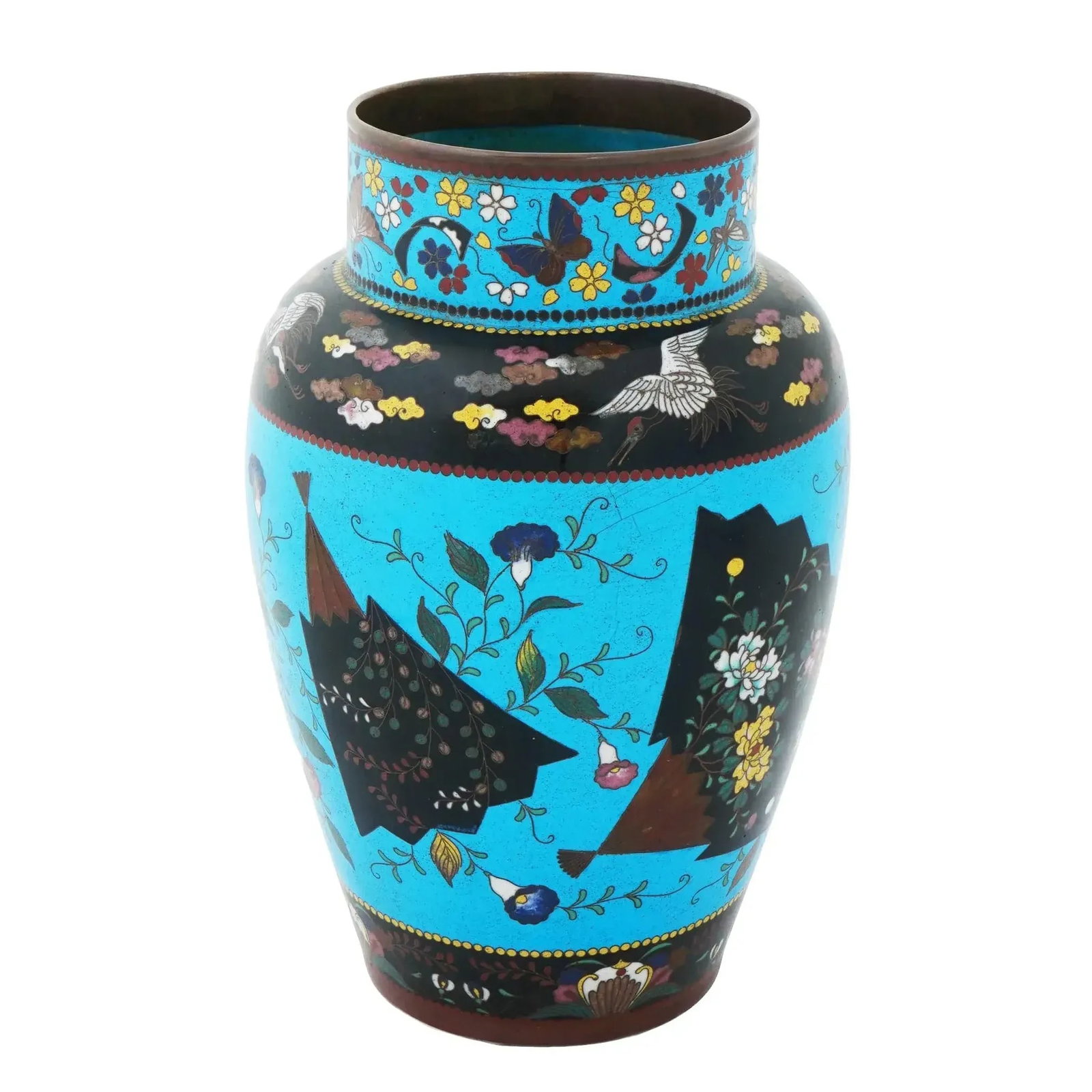 Large Antique Japanese Cloisonne Enamel Fan Motif Vase - 4