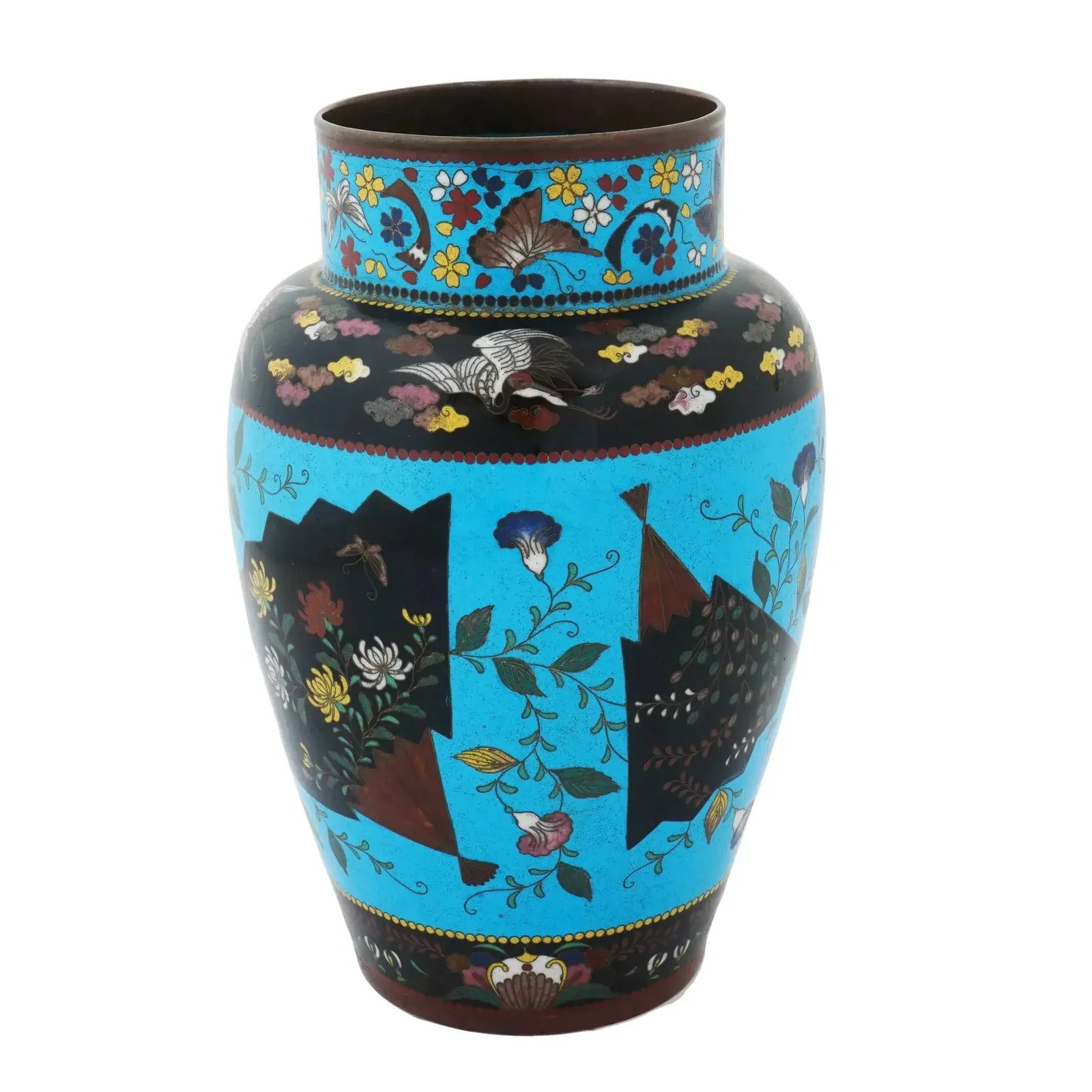 Large Antique Japanese Cloisonne Enamel Fan Motif Vase - 7