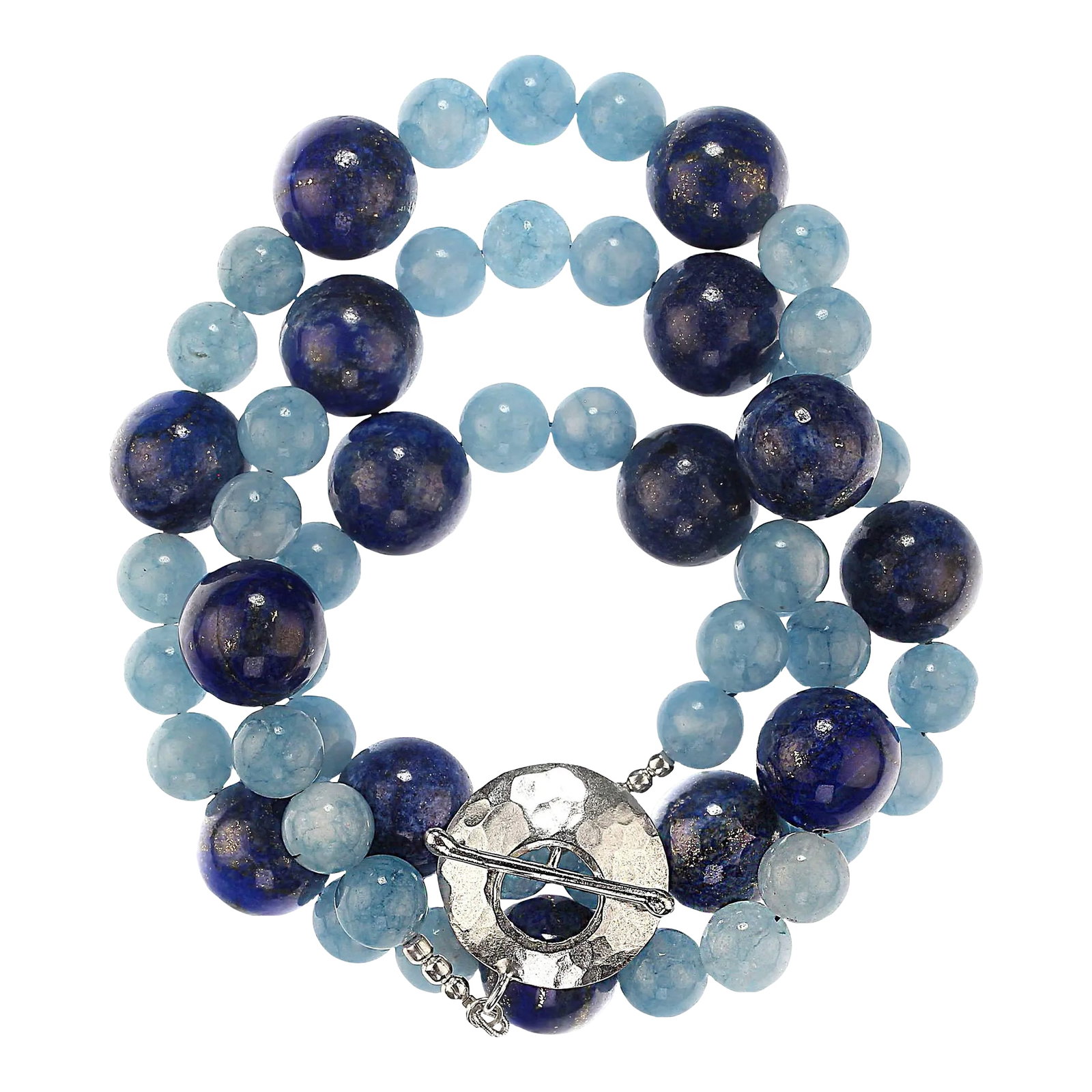 Lapis Lazuli and Aquamarine Statement Necklace: This is part of Chairish's Fine Jewelry assortment. 27-Inch Lapis Lazuli and Aquamarine Statement Necklace with Hammered Silver Toggle Clasp Elevate your jewelry collection with this bold and