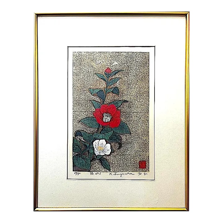 Camellia No. 6 Japanese Silkscreen 1990 by Kazutoshi Sugiura: Kazutoshi Sugiura (1938-) graduated from the Kyoto School of Art in 1963. Post graduate work at the Kyoto National Museum of Antiquities he developed a unique style of layered silkscreen printing.