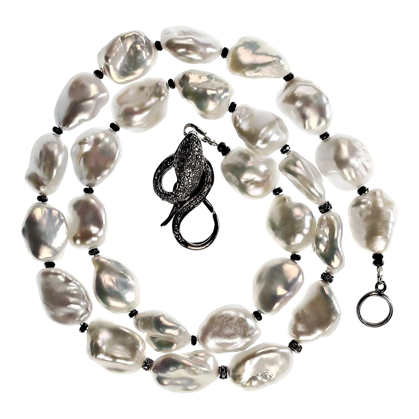 Iridescent Silver Baroque Pearl Necklace and Diamond Accents: This is part of Chairish's Fine Jewelry assortment. 'Because you deserve to own Pearls' Exquisite Custom Necklace of Silver Iridescent Baroque Freshwater Pearls Elevate your jewelry collection with