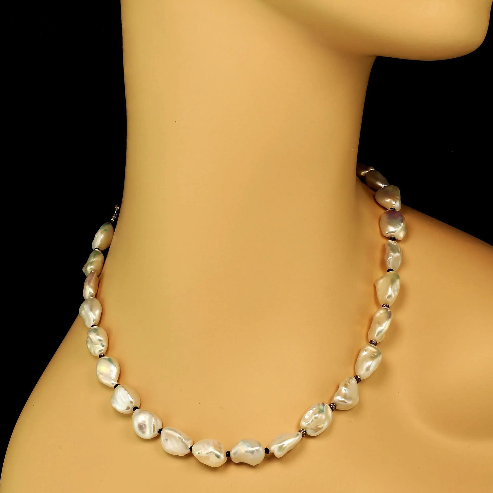Iridescent Silver Baroque Pearl Necklace and Diamond Accents - 2