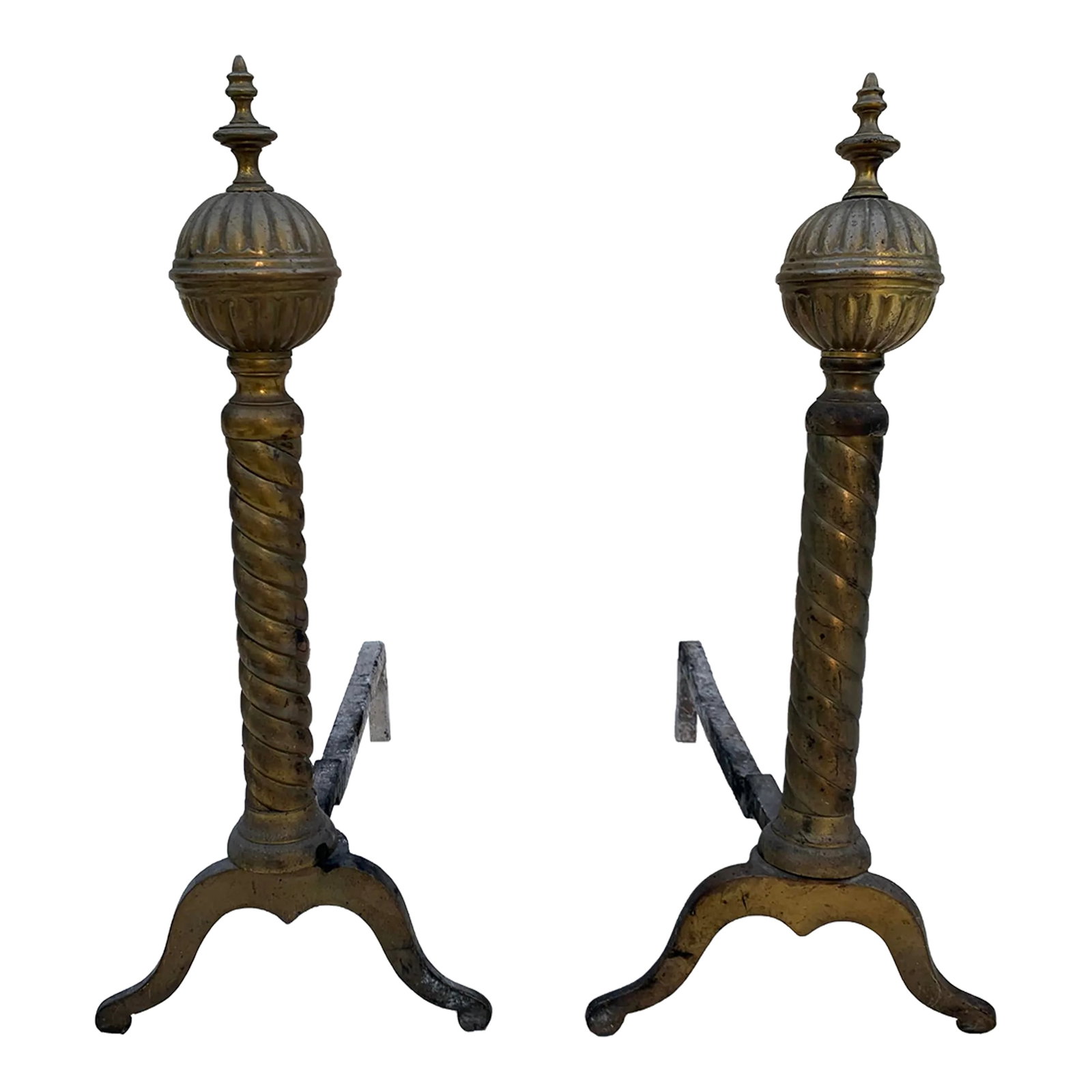 Vintage 1960s Wrought Iron and Brass Andirons- a Pair: Vintage Wrought Iron and Brass Andirons with hammered and stamped brass decoration. Condition: Alterations: Original Condition Unaltered Imperfections: Some Imperfections Condition Notes: Good