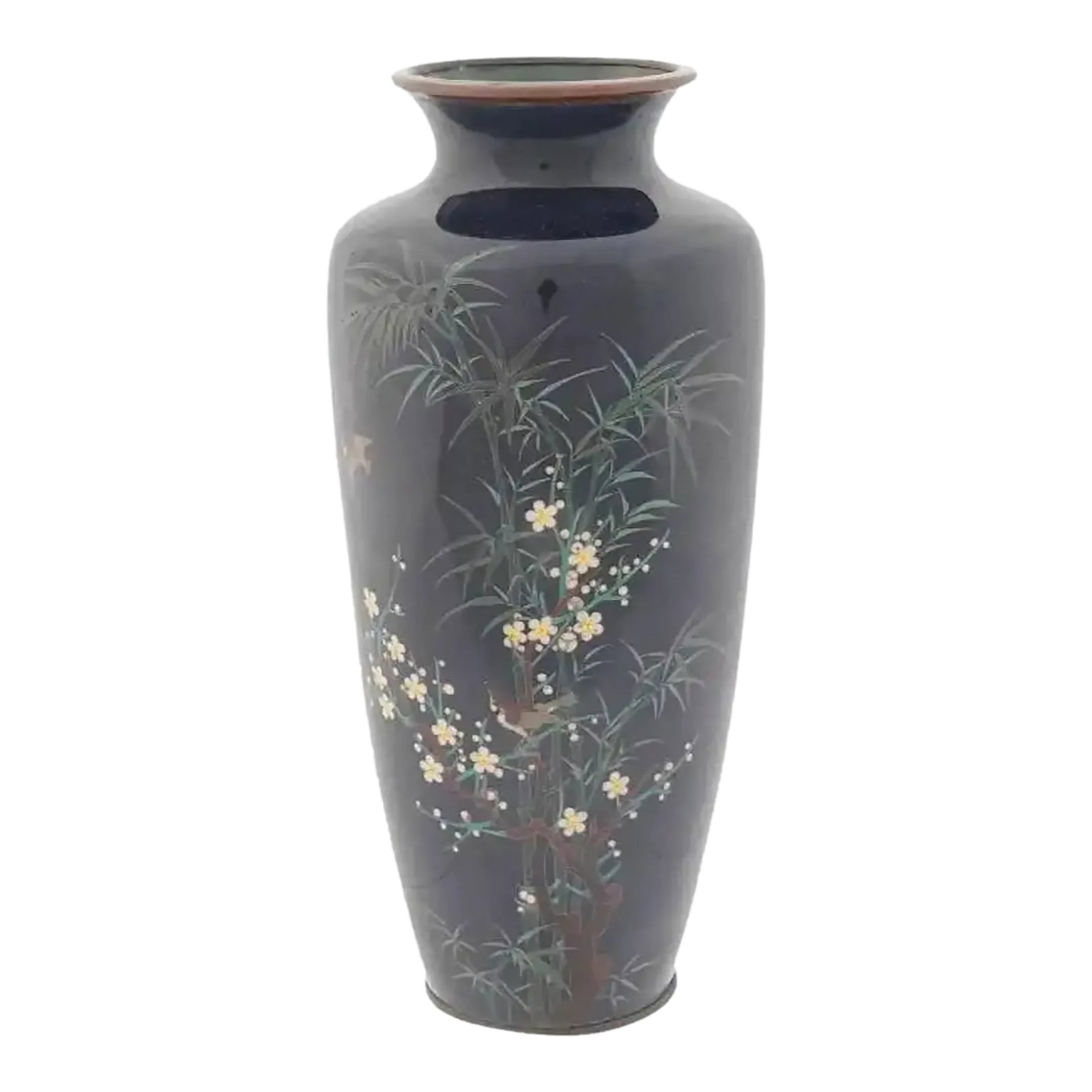 Antique Meiji Japanese Cloisonne Enamel Vase Bamboo and Birds: An antique Japanese Meiji period cloisonne vase of a baluster shaped body rising from a slightly spreading foot to a broad waisted neck and everted rim, decorated with a floral images worked in