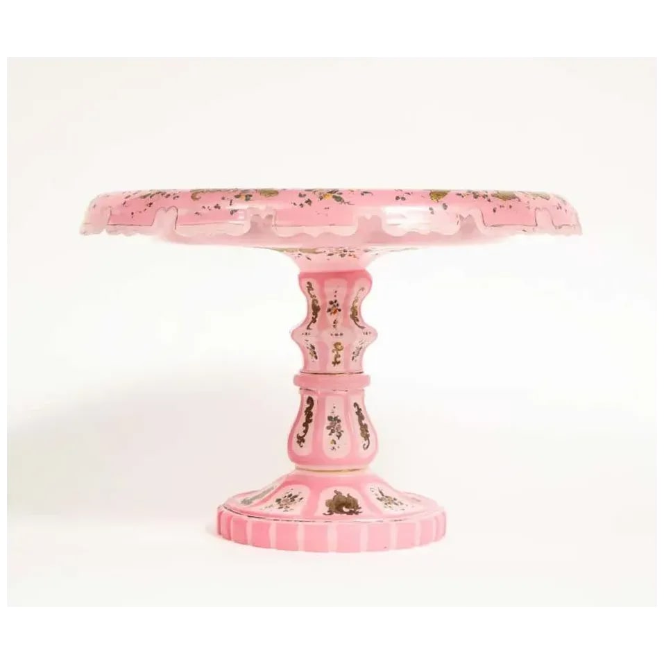 19th Century Pink Triple Overlay Enameled Bohemian Glass Cake Stand - 2