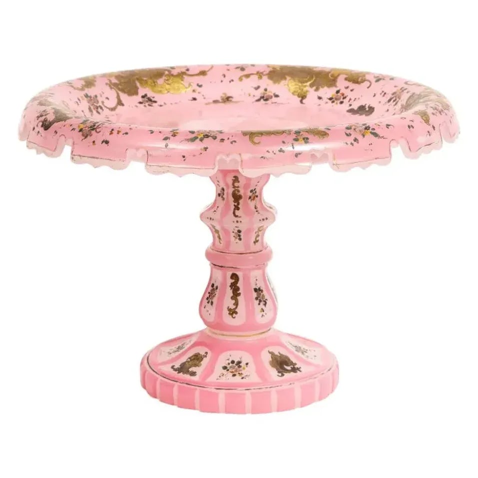 19th Century Pink Triple Overlay Enameled Bohemian Glass Cake Stand - 4