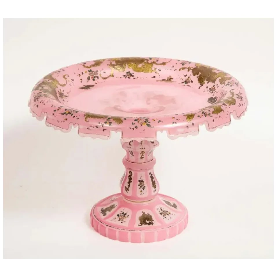 19th Century Pink Triple Overlay Enameled Bohemian Glass Cake Stand - 7