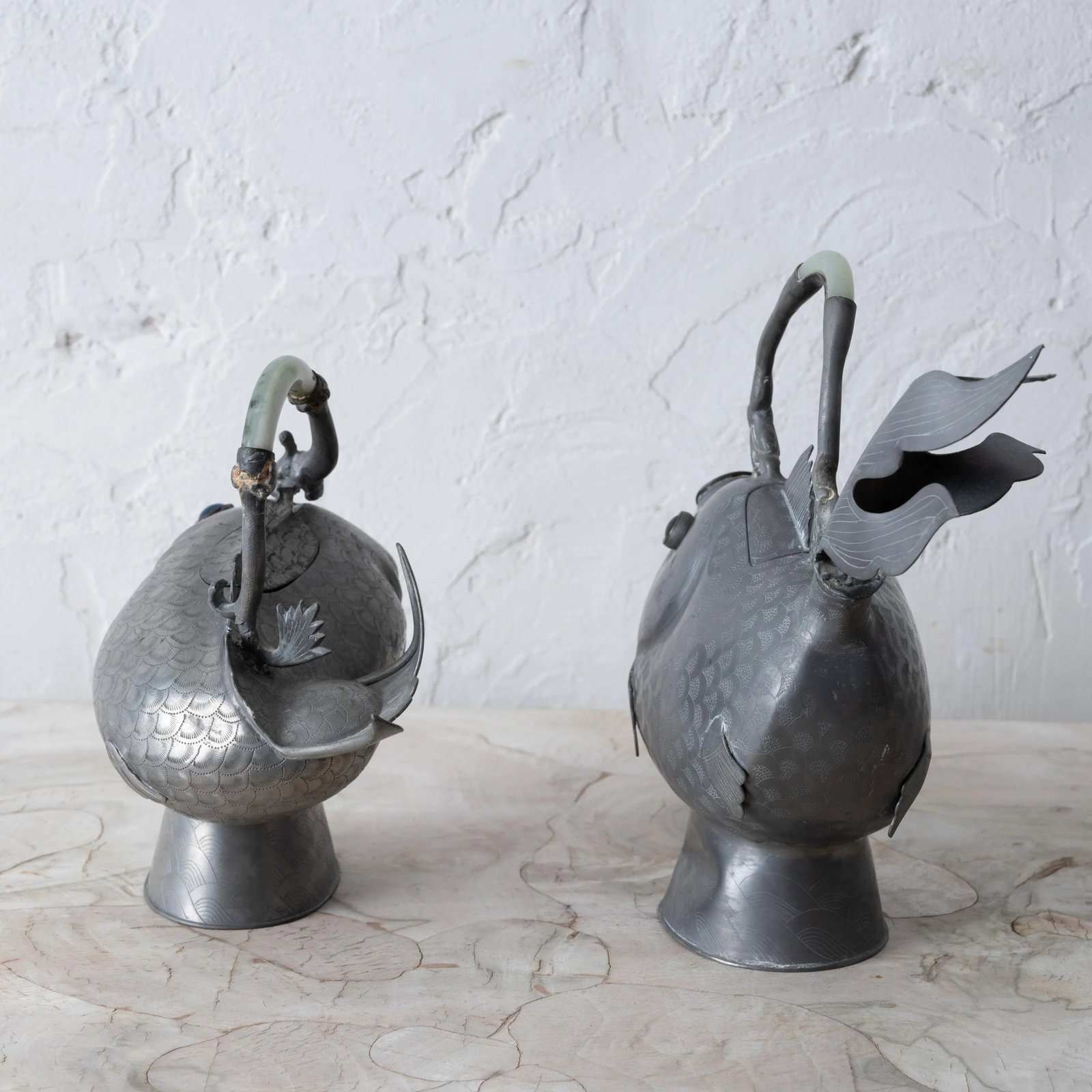 Chinese Pewter Koi Fish Teapots, 19th Century - 11