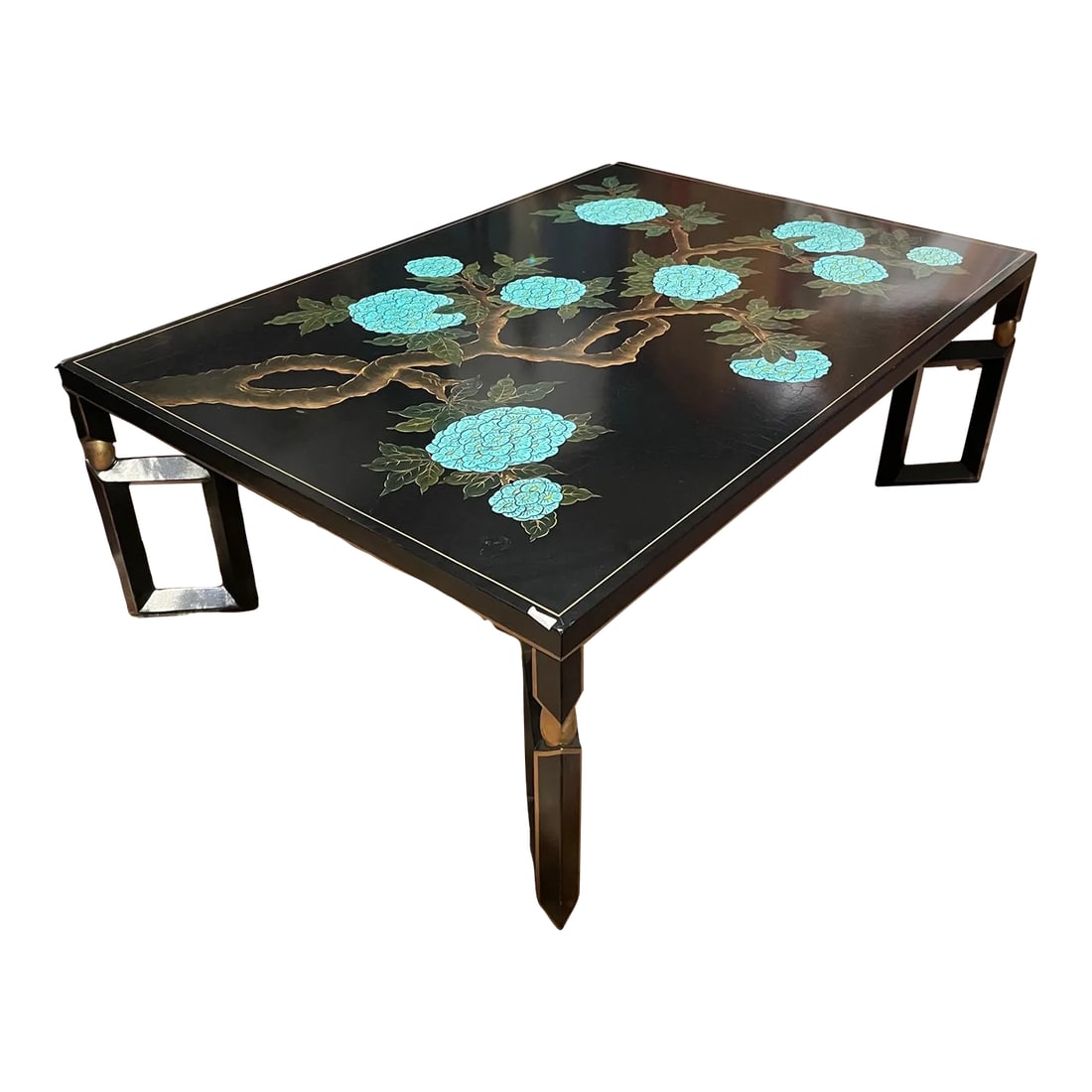 Black Lacquer Coffee Table With Large Turquoise Flower and Vine Motif by Baker Furniture: This low (just 14 inches high), sleek coffee table was made by Baker Furniture Company, circa 1976. Stunning black lacquer with a crackle finish and accented with gold leaf detailing, the table top