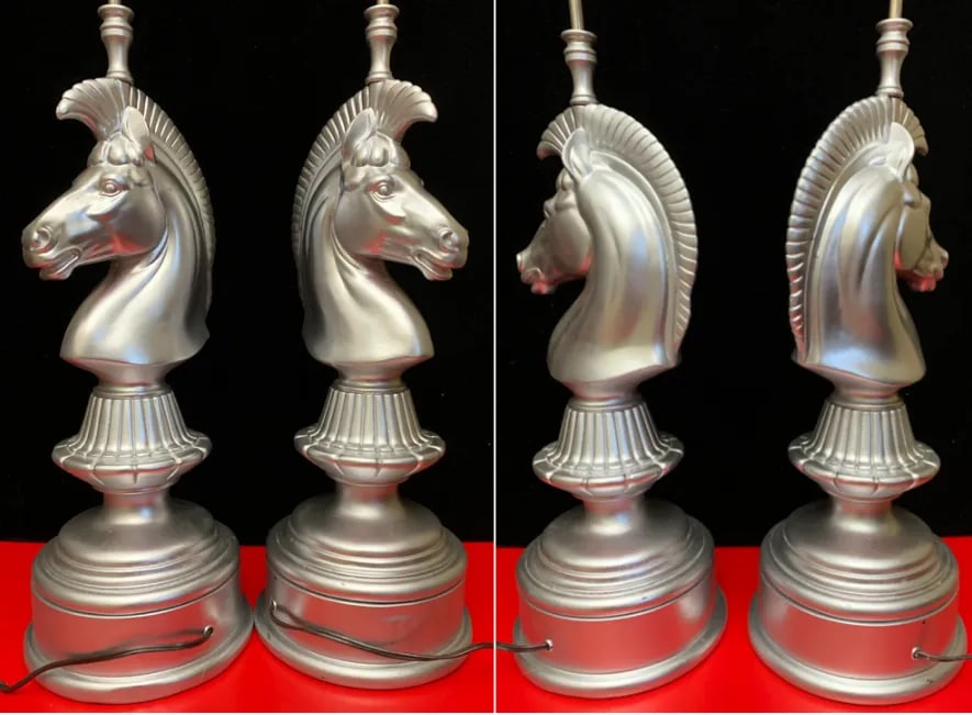 Mid-Century Silver-Toned Brass Lamps Chess Knight Design- Pair - 6