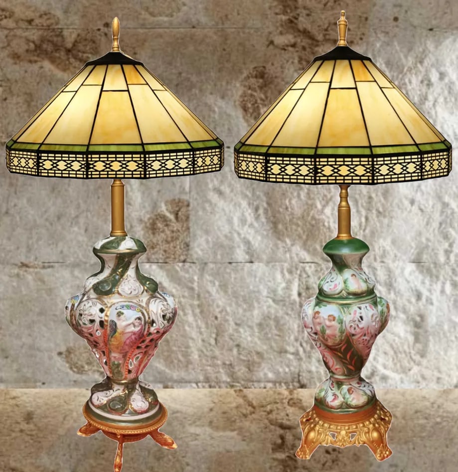 Mid-Century Capodimonte Green Porcelain Table Lamps: Cherub Maidens a Pair - 4