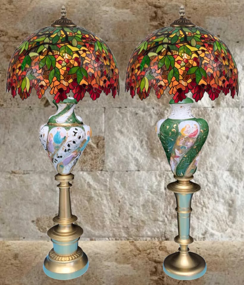 Mid-Century Capodimonte Porcelain Table Lamps- Maidens & Cherubs: A Pair - 10
