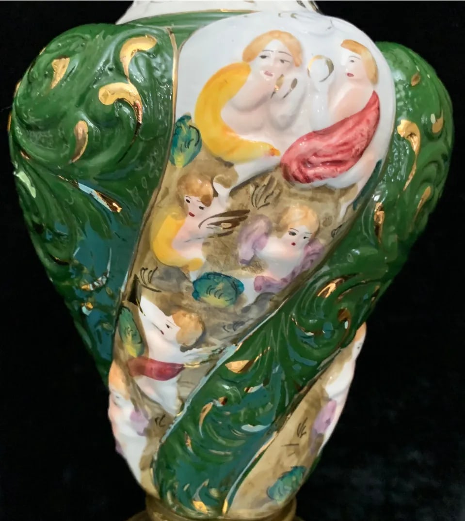 Mid-Century Capodimonte Porcelain Table Lamps- Maidens & Cherubs: A Pair - 12