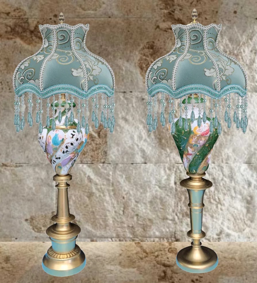 Mid-Century Capodimonte Porcelain Table Lamps- Maidens & Cherubs: A Pair - 8