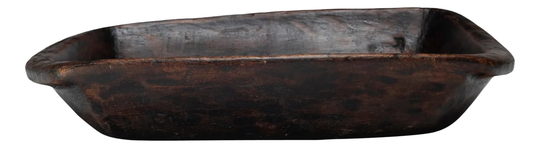 Large Provincial Chinese Farm Tray, c. 1900: This large wooden farm tray from perfectly balances rustic texture with minimalist simplicity. Carved from a solid block of wood, the tray has a rectangular shape with rounded corners, a deep
