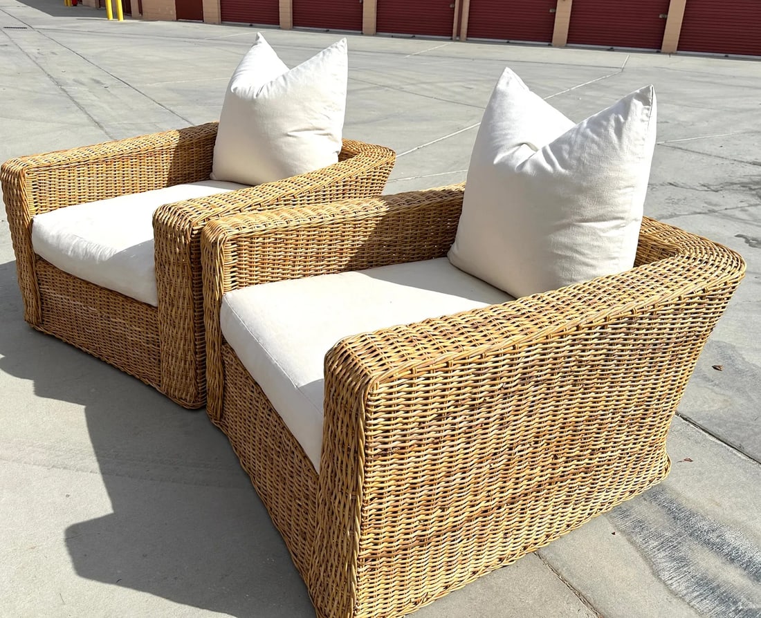 Pair of Michael Taylor Style Oversized Woven Rattan Lounge Chairs - 3