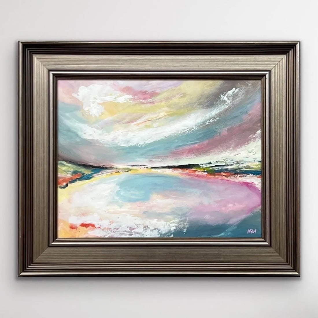 Abstract Landscape Seascape Art With Pink Blue & White Sky by British Artist - 2
