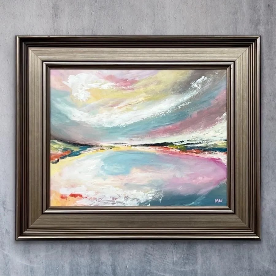 Abstract Landscape Seascape Art With Pink Blue & White Sky by British Artist - 3