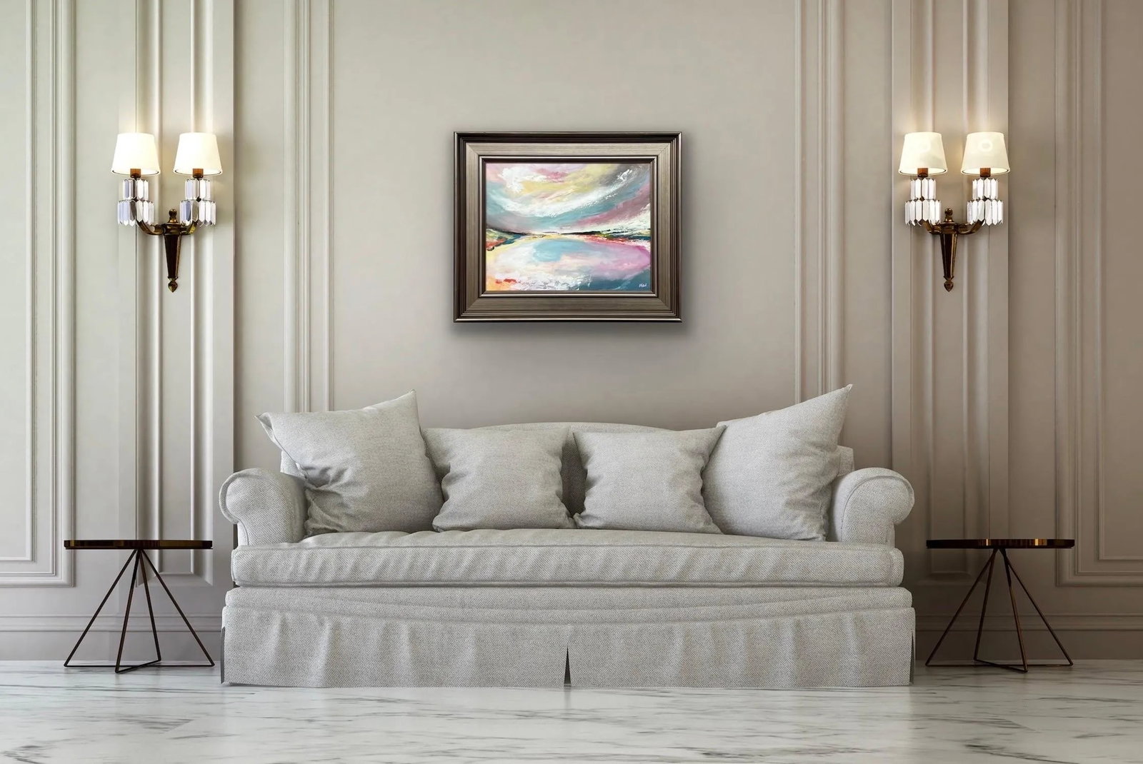 Abstract Landscape Seascape Art With Pink Blue & White Sky by British Artist - 4