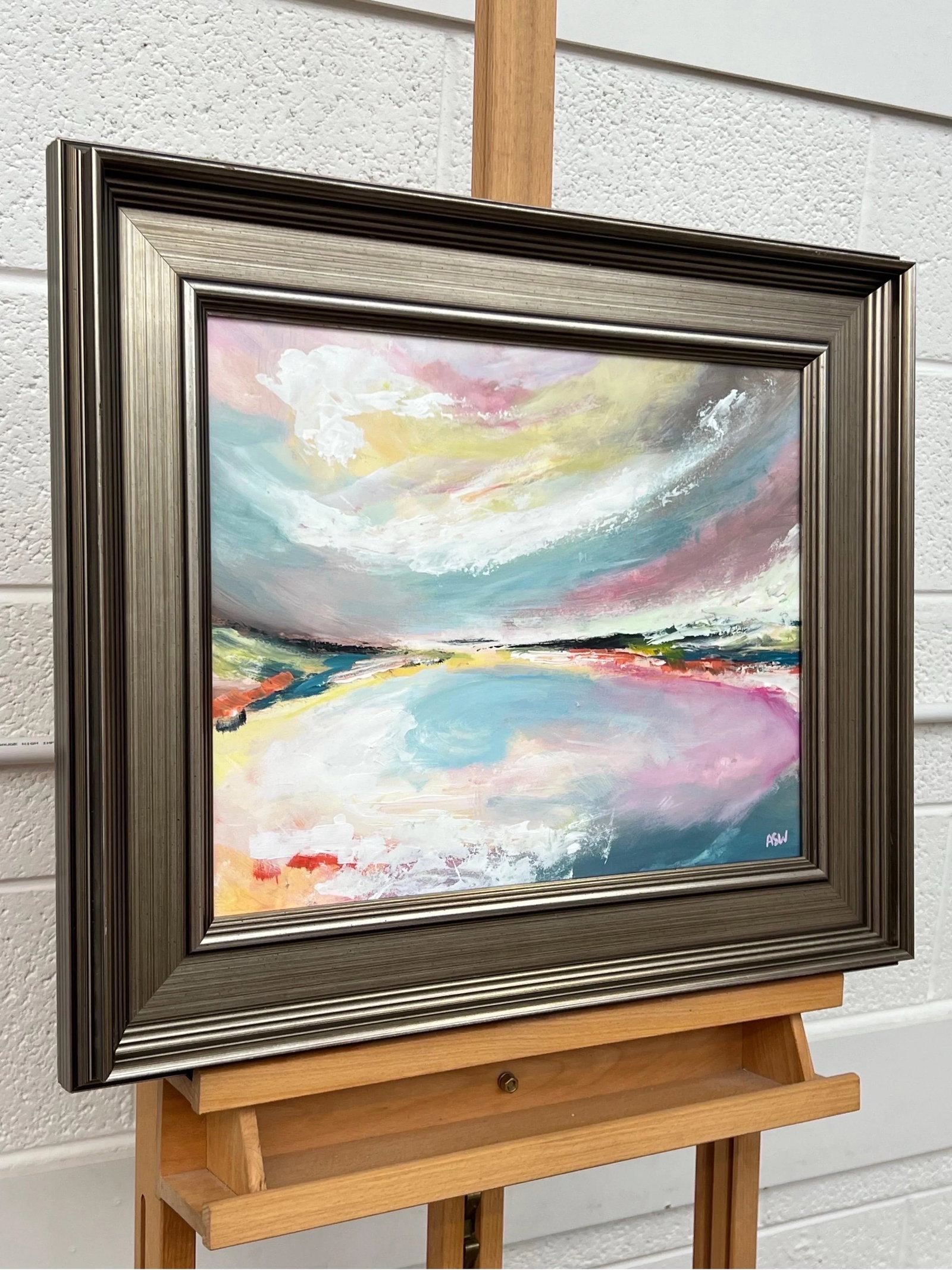 Abstract Landscape Seascape Art With Pink Blue & White Sky by British Artist - 5