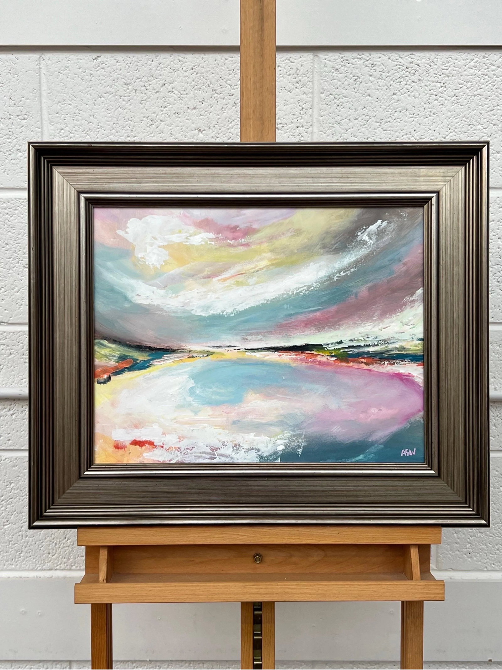 Abstract Landscape Seascape Art With Pink Blue & White Sky by British Artist - 6