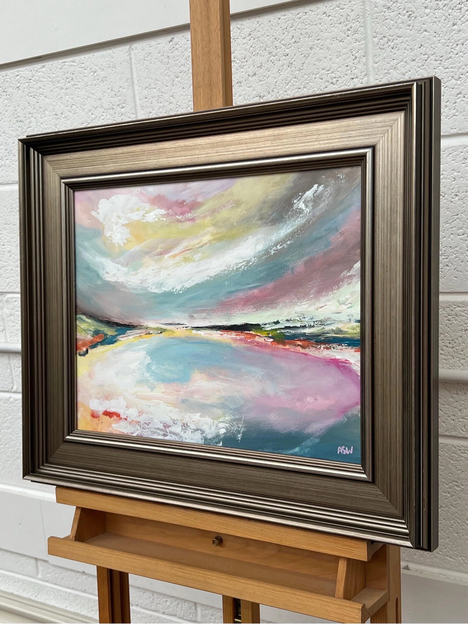 Abstract Landscape Seascape Art With Pink Blue & White Sky by British Artist - 7