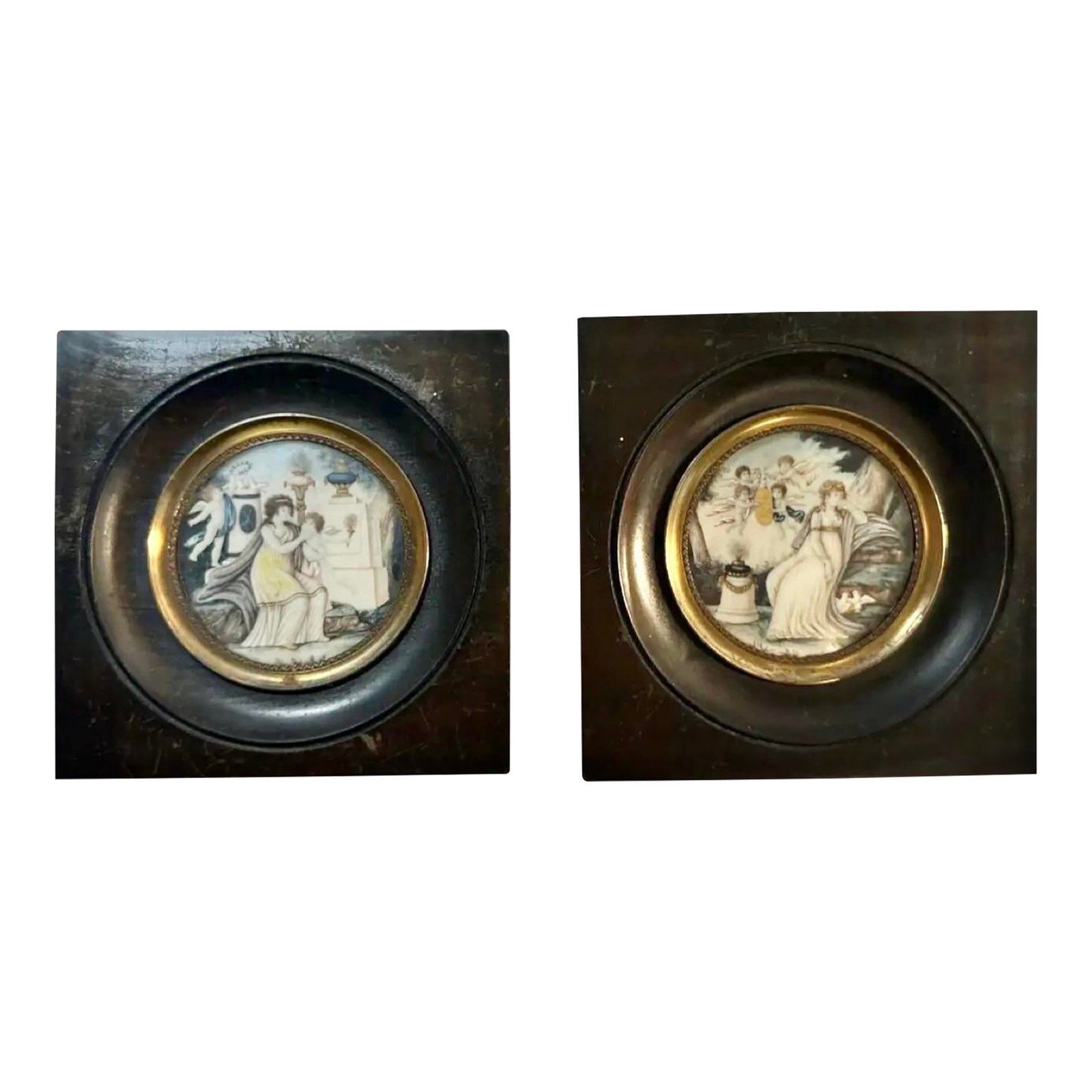 19th Century Neoclassical Miniature Painting Pair in Original Ebonized Frames & Glass, Circa 1850, P (1 of 12)