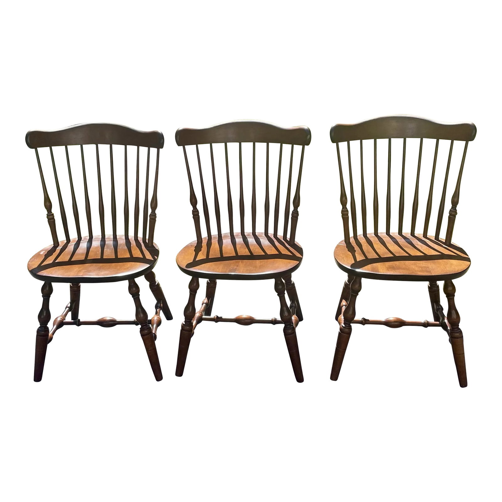 Mid 20th Century S. Bent & Bros. Fan Back Windsor Chairs - Set of 3: Offered are three vintage S. Bent and Brothers fan back Windsor side chairs. A contemporary of Nichols and Stone and Hitchcock these chairs are well made of solid New England maple. They have elegant
