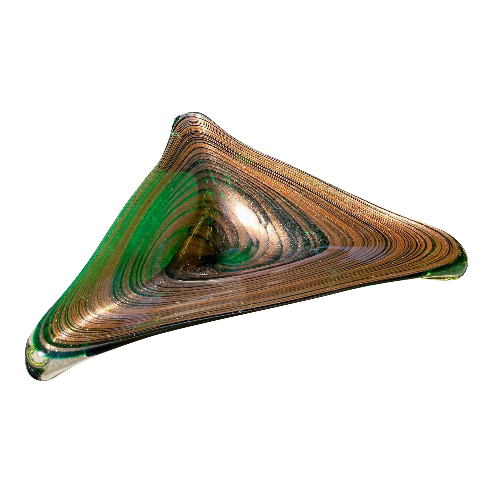 Large Mid Century Murano Attributed-Emerald Green Art Glass Platter: Murano Attributed (Italy) large emerald green & copper triangle shaped art glass platter. Measures approx 19.25"L x 15"W x 3"H. C. 1970. Condition: Alterations: Original Condition Unaltered