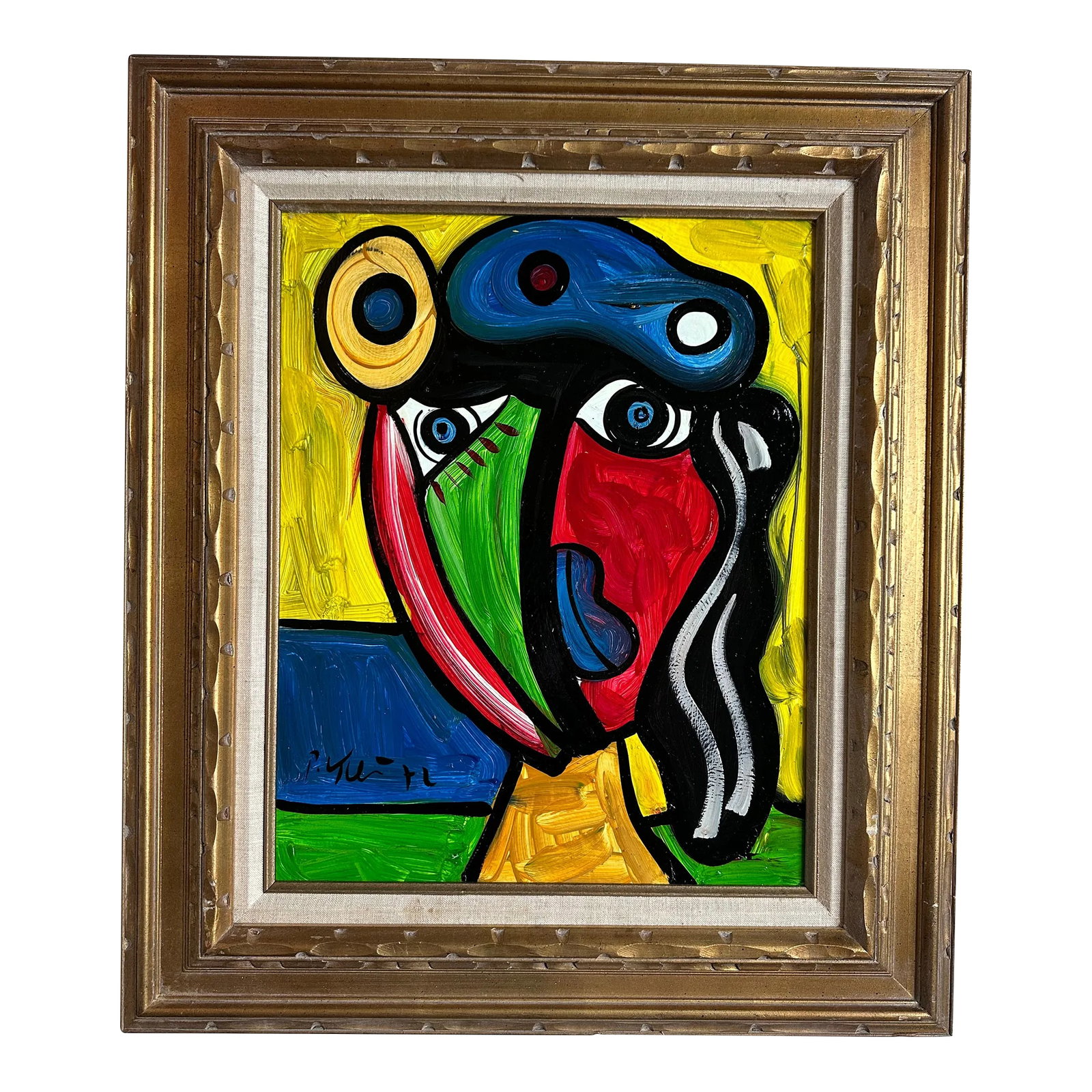 Picasso Style Painting by Peter Keil, 1972: Peter Keil is a German artist that focuses primarily on abstract expressionism. Keil painted with some of the greats including Joan Miró, Pablo Picasso and Andy Warhol, to name a few. This is a f