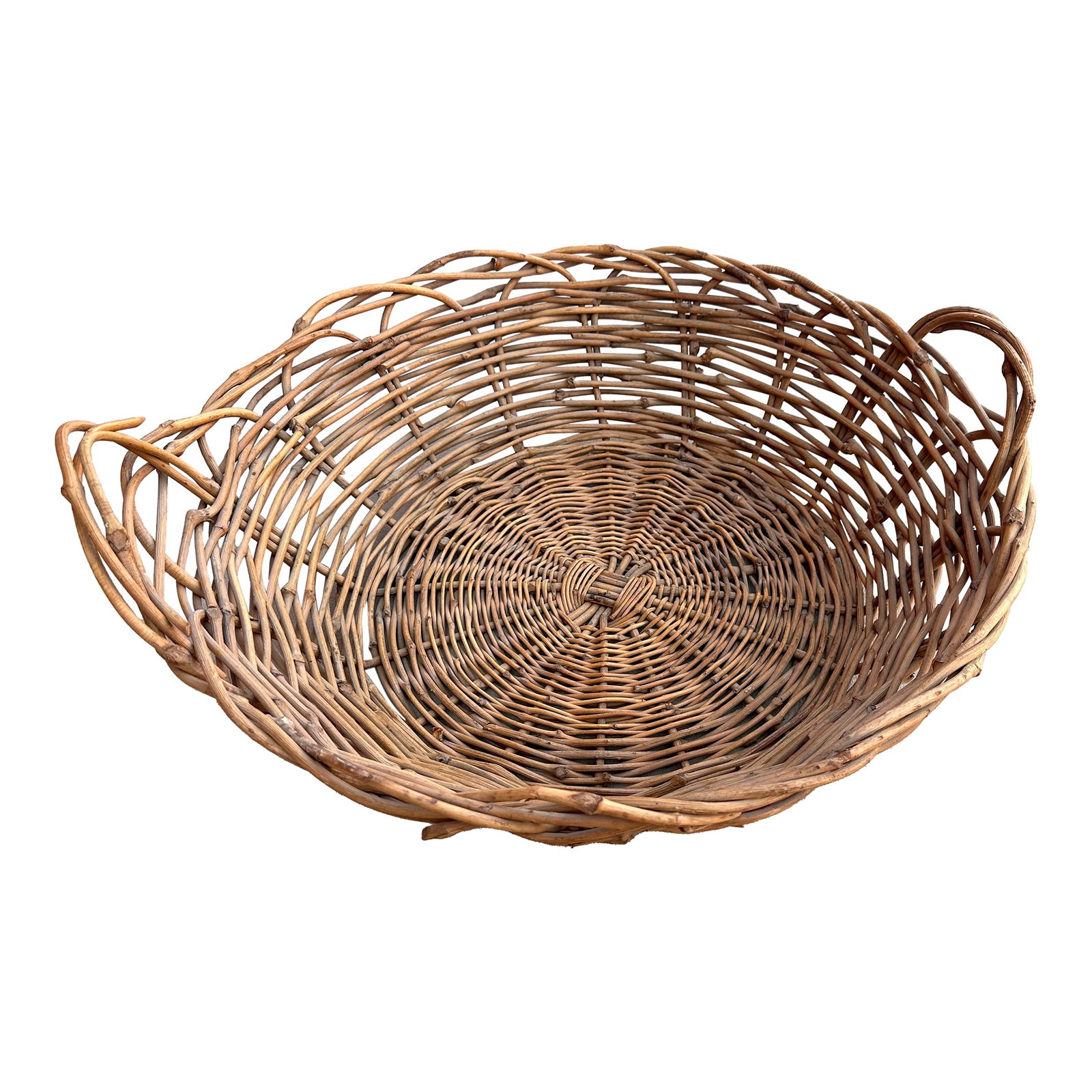 Vintage Rustic European Wicker Gathering Basket: Amazing Large Vintage Rustic European Wicker Gathering Basket with handles. Great for gardening or display with fruit or flowers. 22.5in w to handles 22in round x 6in h 8in h to handles Make sure to
